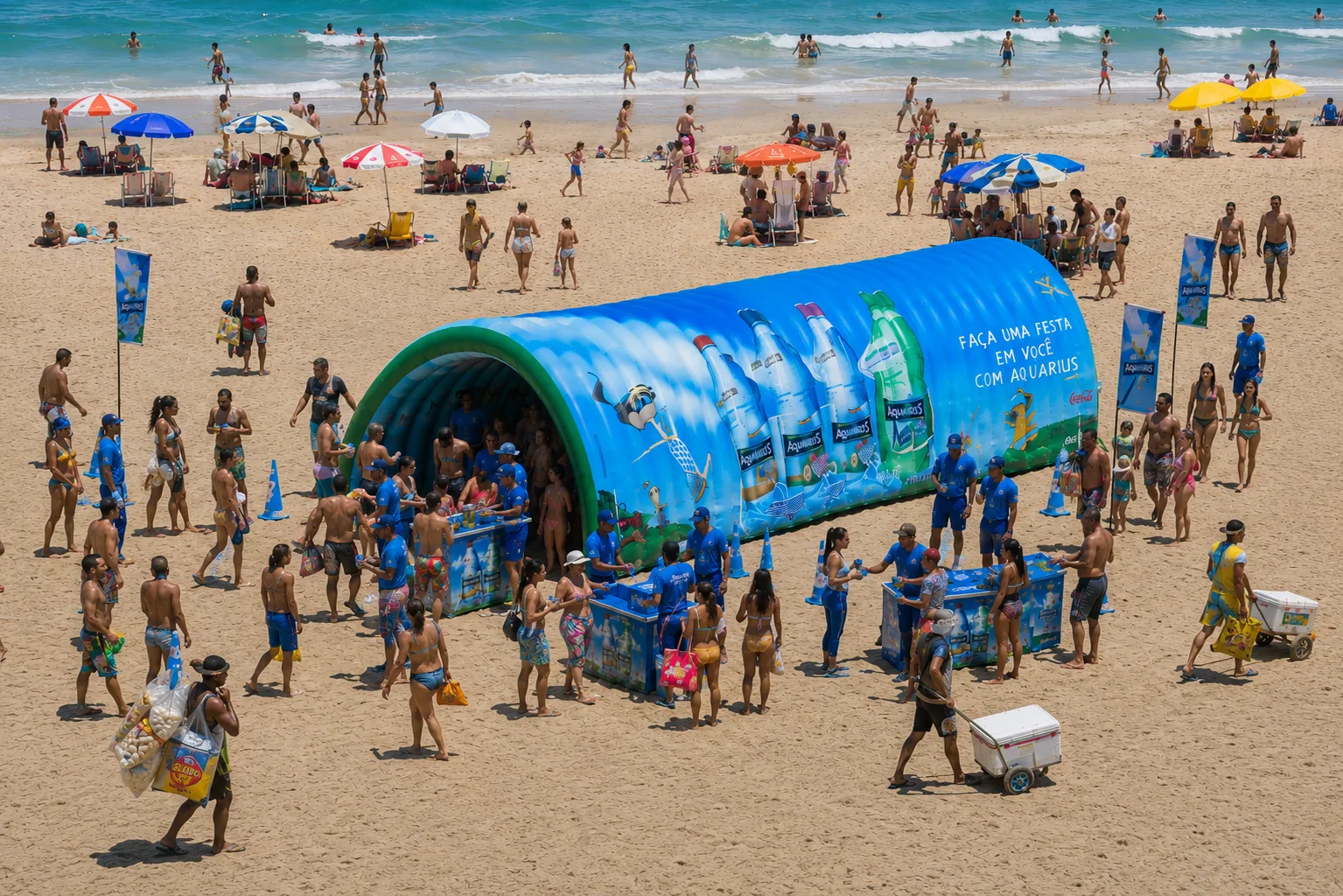 Túnel inflável Aquarius Fresh da Coca-Cola para bebidas em ativação na praia durante o verão