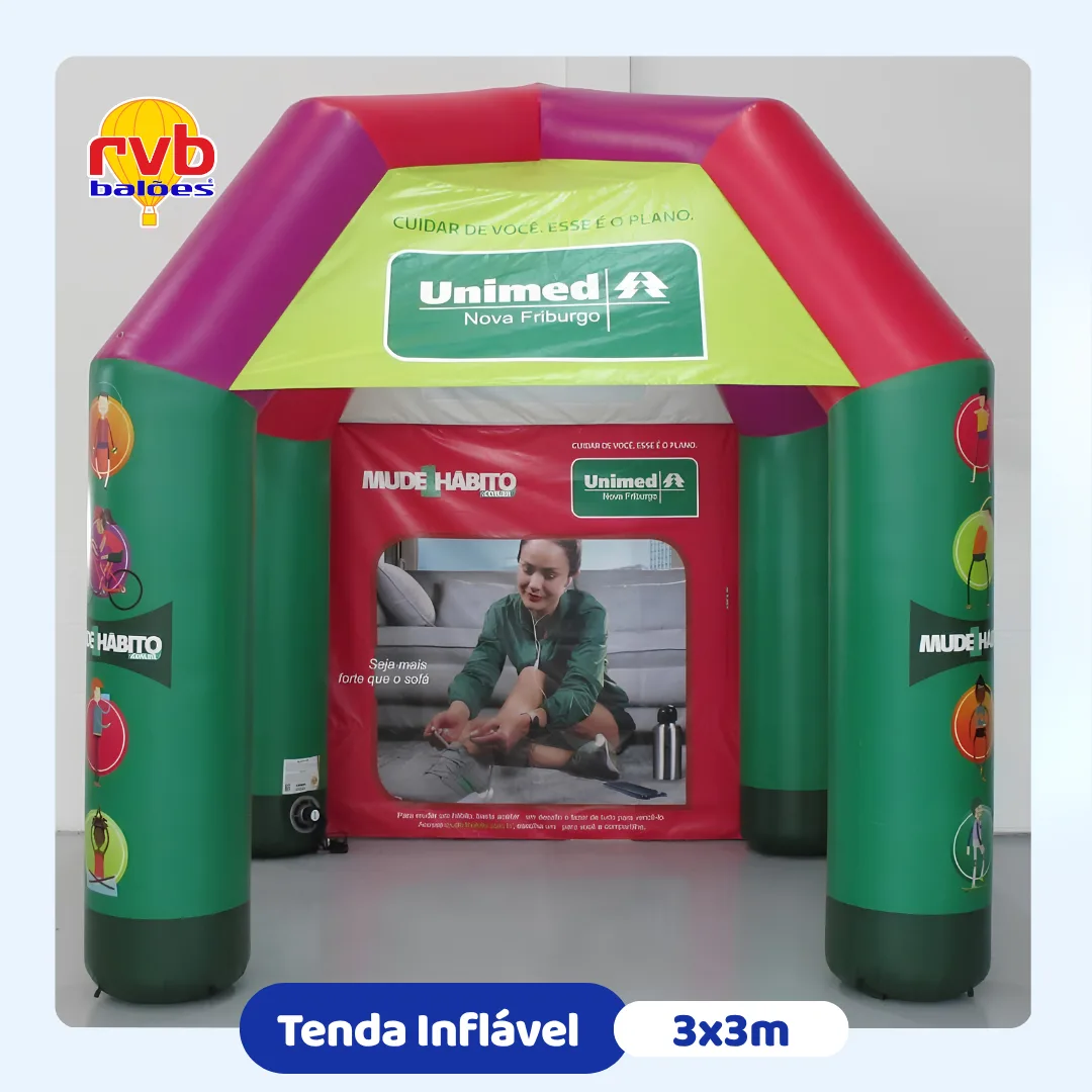 Tenda inflável personalizada da Unimed com cortina para fotos.