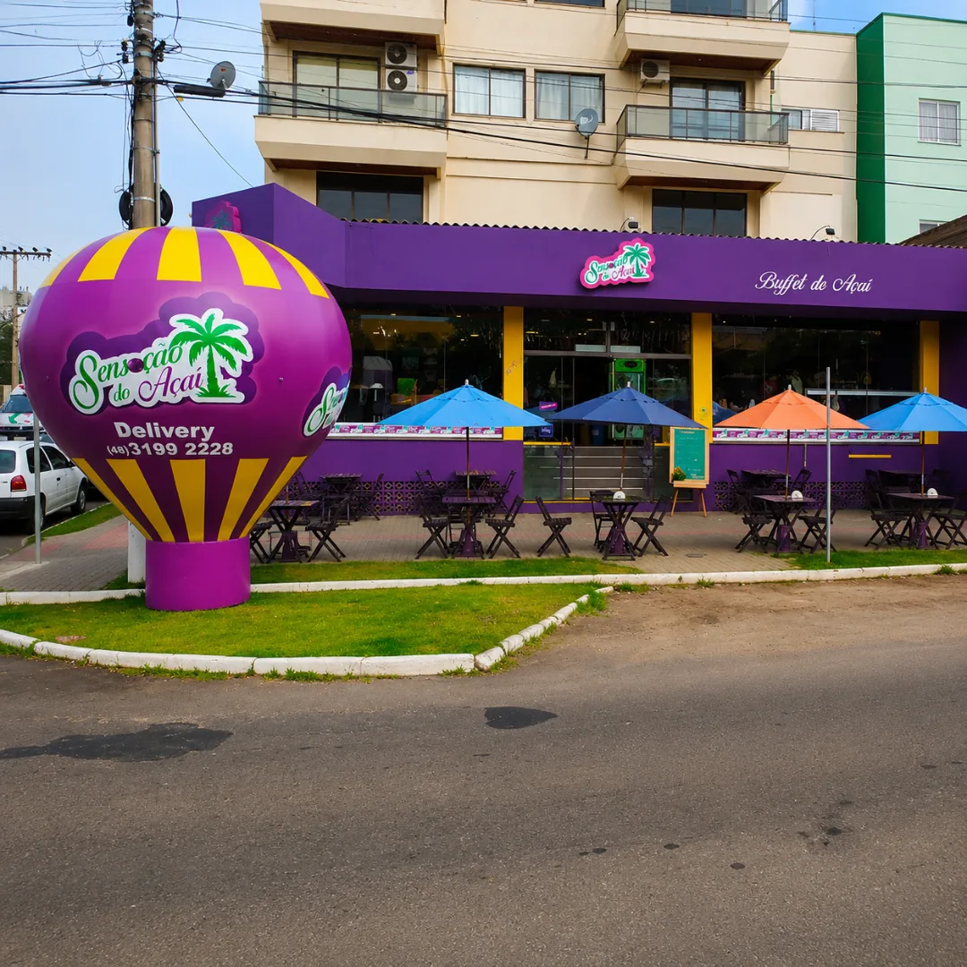 Balão inflável personalizado instalado em frente à açaiteria para atrair clientes.
