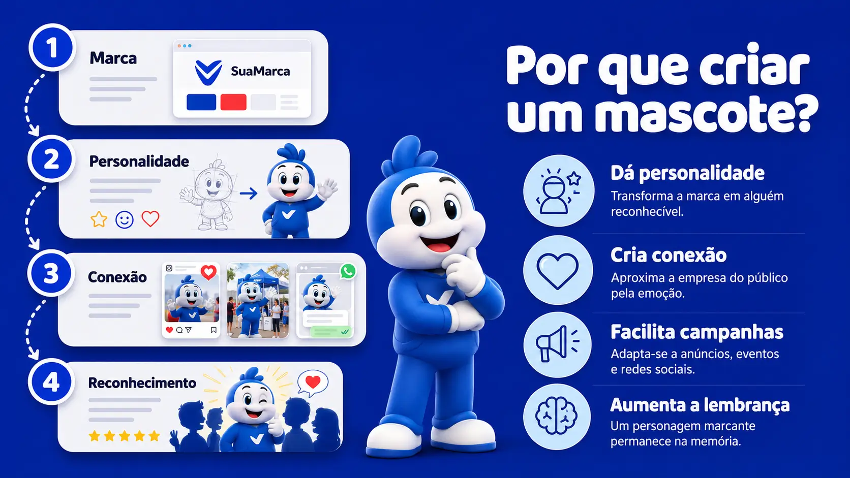 Infográfico explicando como um mascote fortalece a personalidade da marca, cria conexão emocional, facilita campanhas e aumenta o reconhecimento.