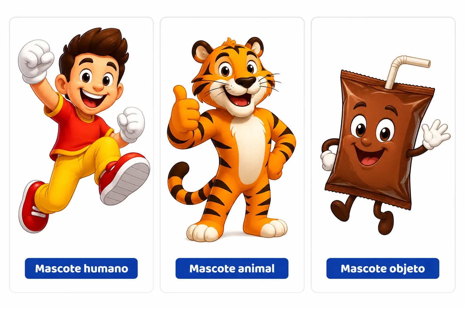 Ilustração comparando três tipos de mascotes para empresas: mascote humano, mascote animal e mascote objeto antropomorfizado.