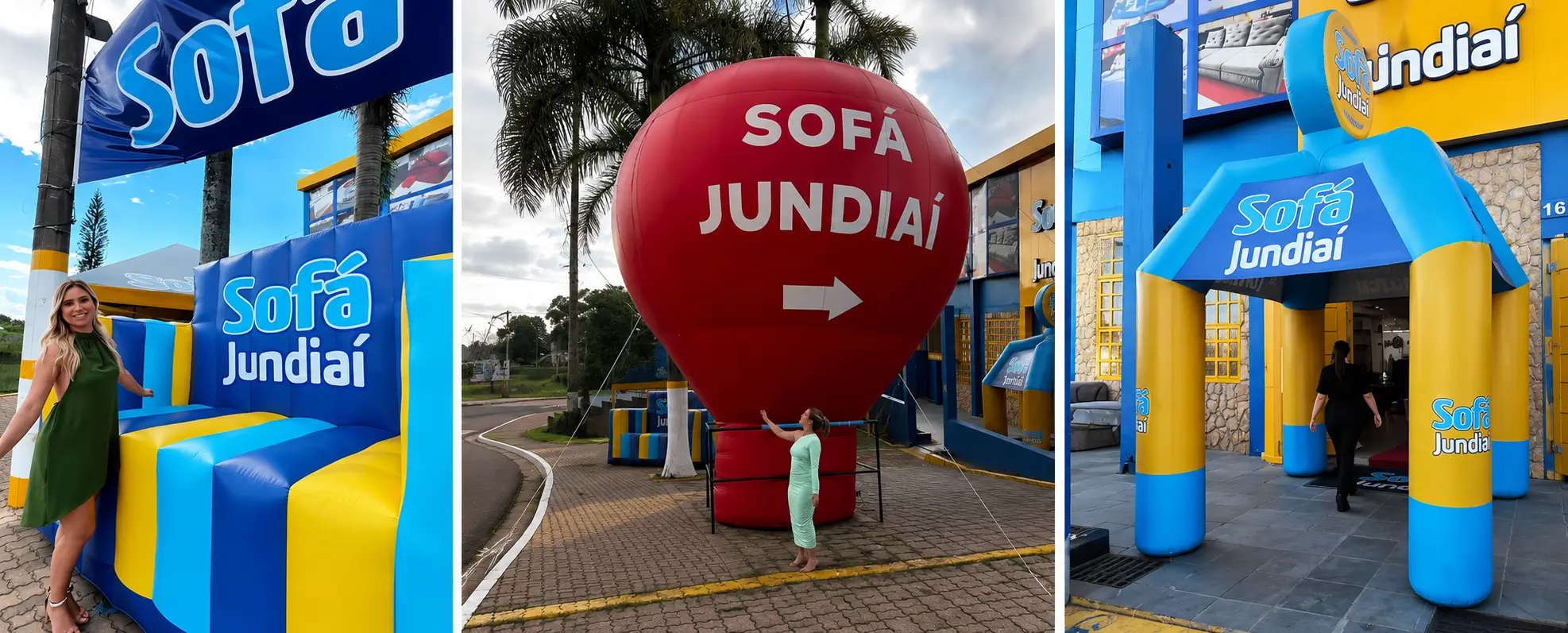 Réplica, balão e tenda infláveis personalizados combinados na fachada de um estabelecimento comercial