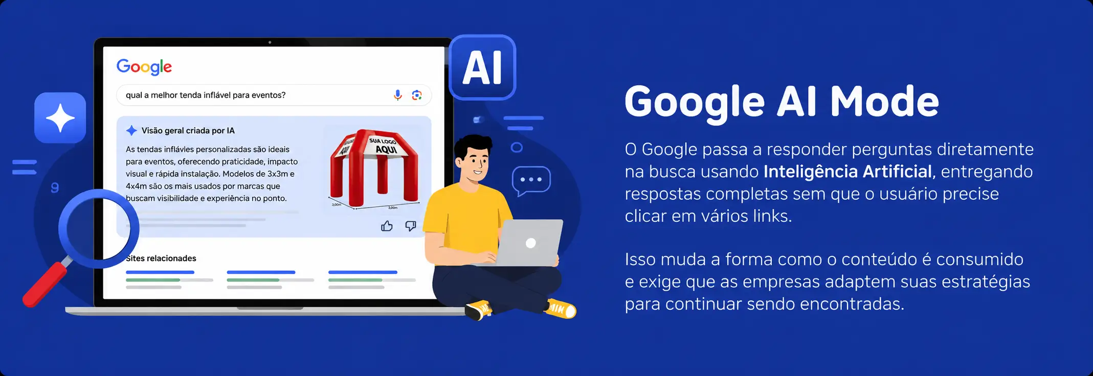 Ilustração mostrando o Google AI Mode respondendo perguntas diretamente na pesquisa com Inteligência Artificial, destacando as mudanças no SEO e no tráfego orgânico.