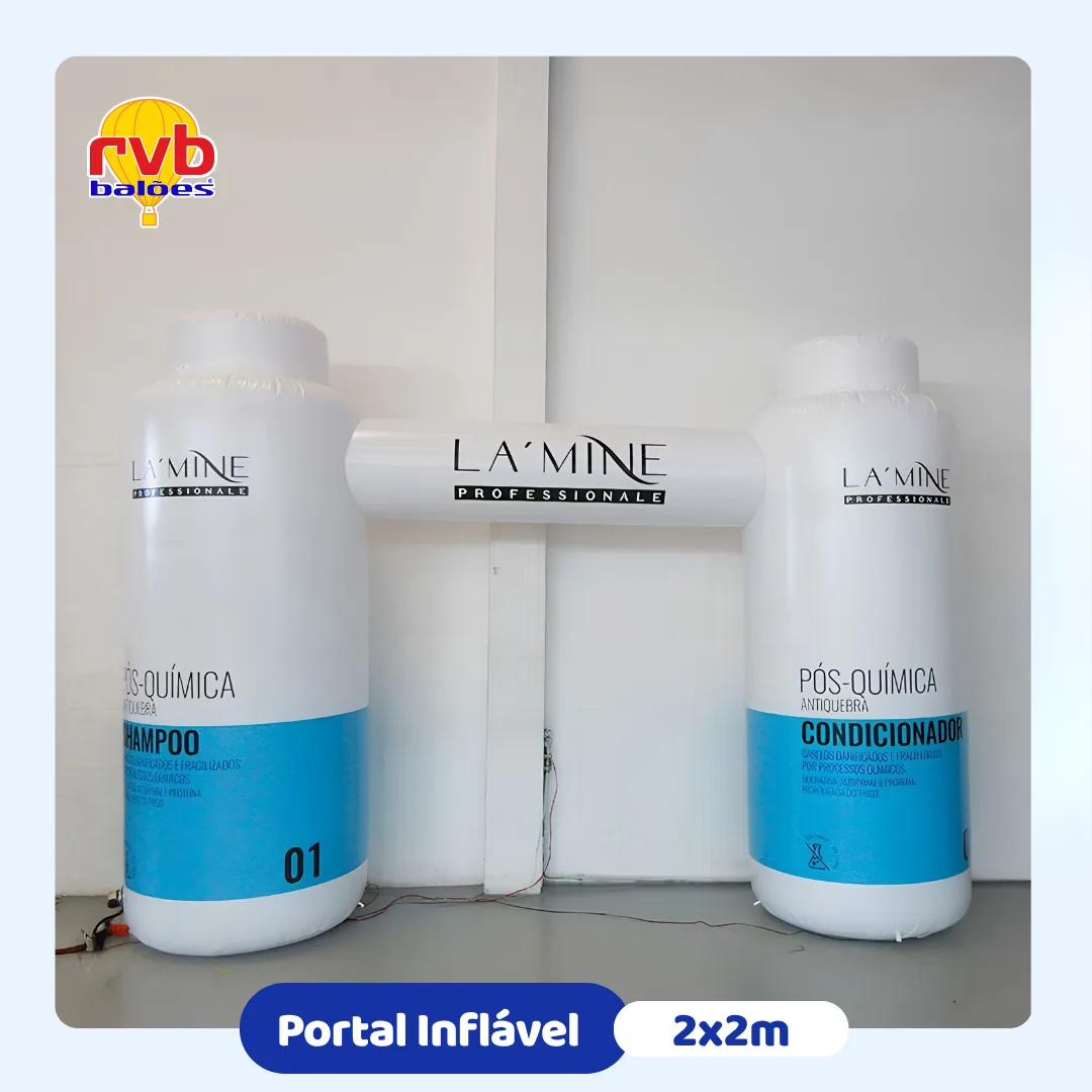 Portal inflável especial La'Mine Professionale 2x2 metros em formato de frascos personalizados.