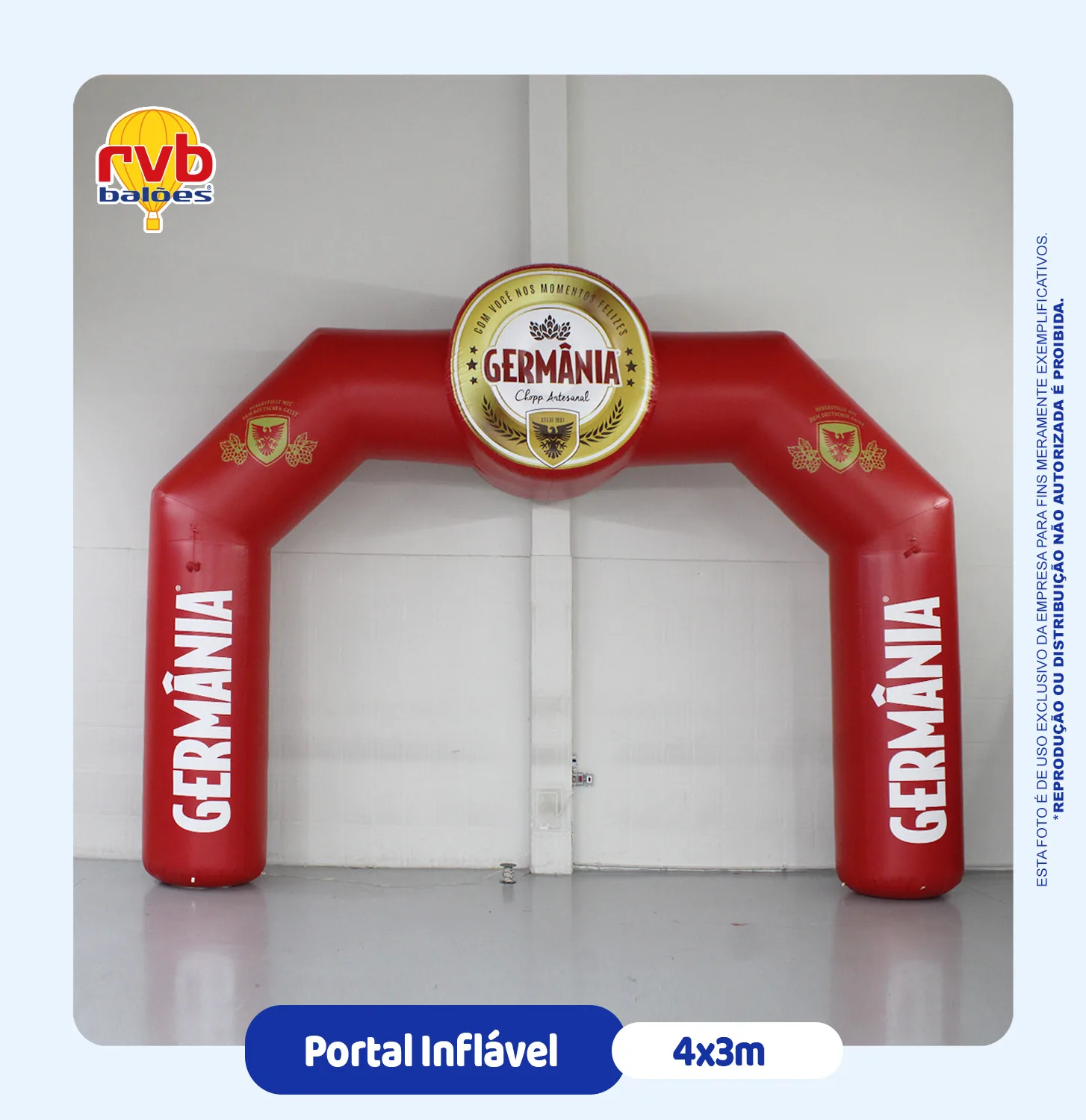 Portal inflável personalizado Germânia 4x3 metros com medalhão superior para eventos.