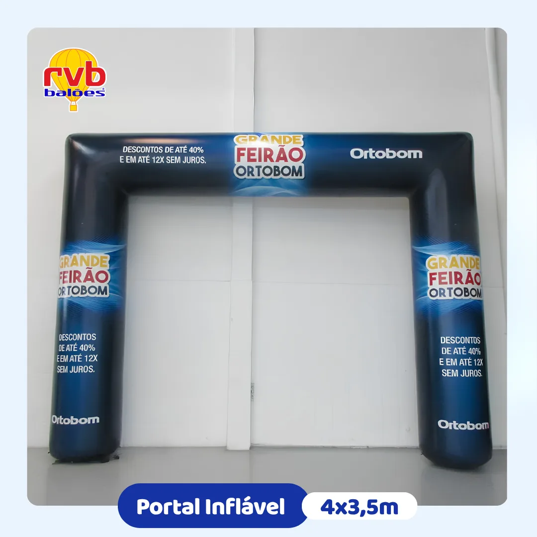 Portal inflável personalizado Grande Feirão Ortobom 4x3,5 metros para campanhas promocionais.
