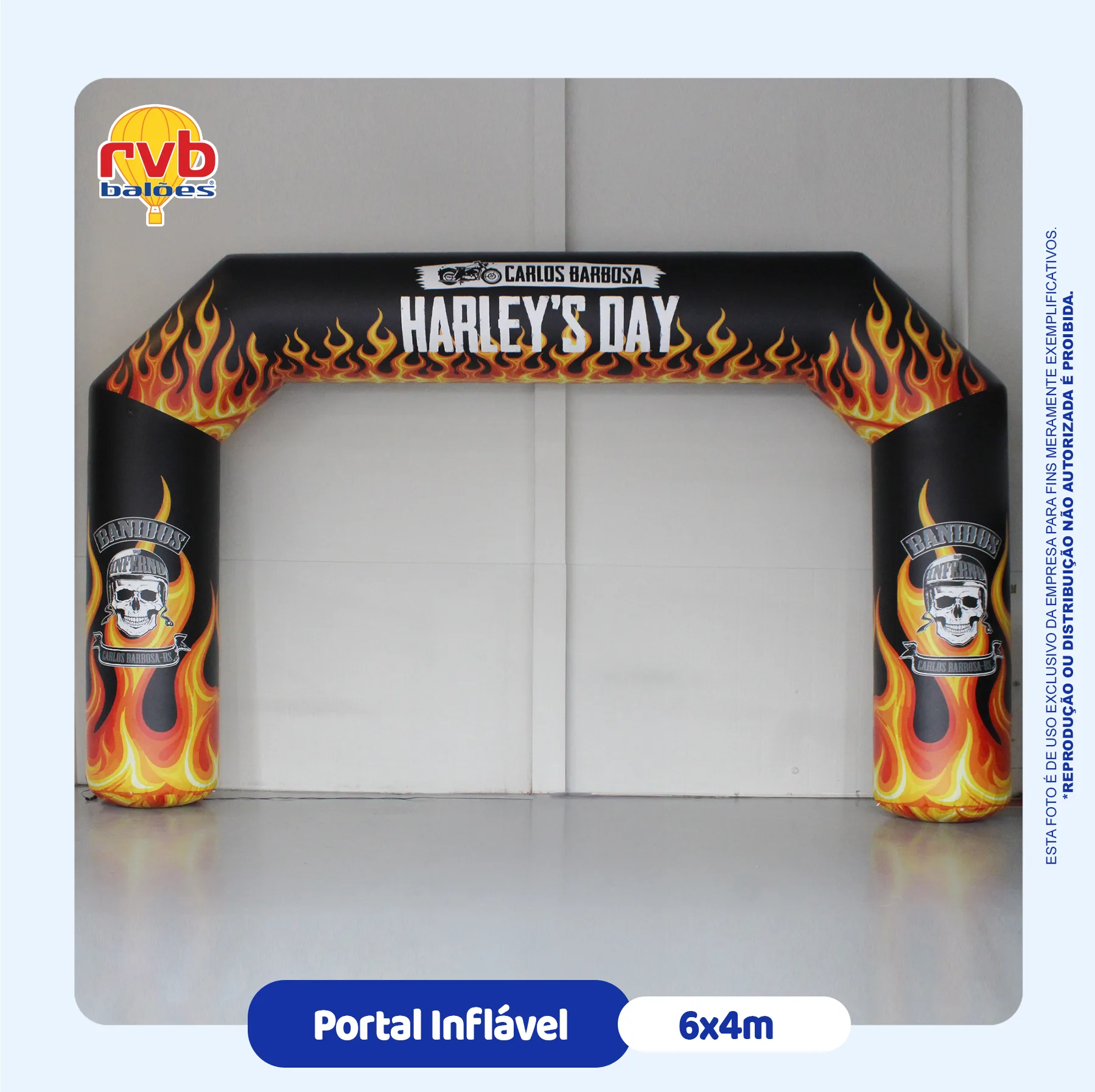 Portal inflável personalizado Harley's Day 6x4 metros para entrada de evento de motociclistas.