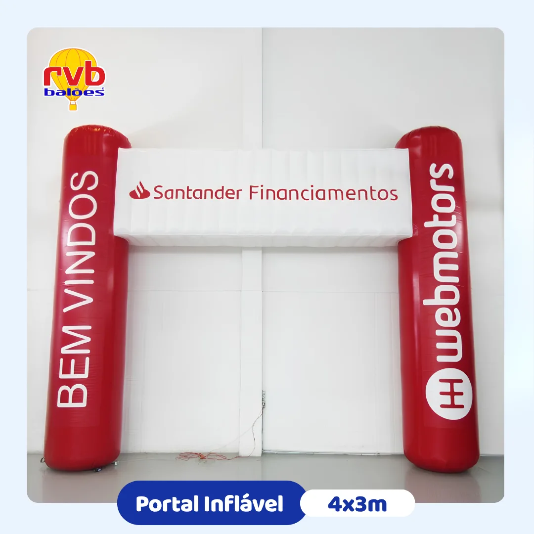 Portal inflável personalizado Santander Financiamentos 4x3 metros para campanhas promocionais.