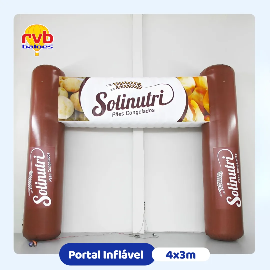 Portal inflável personalizado Solinutri Pães Congelados 4x3 metros para ações promocionais.