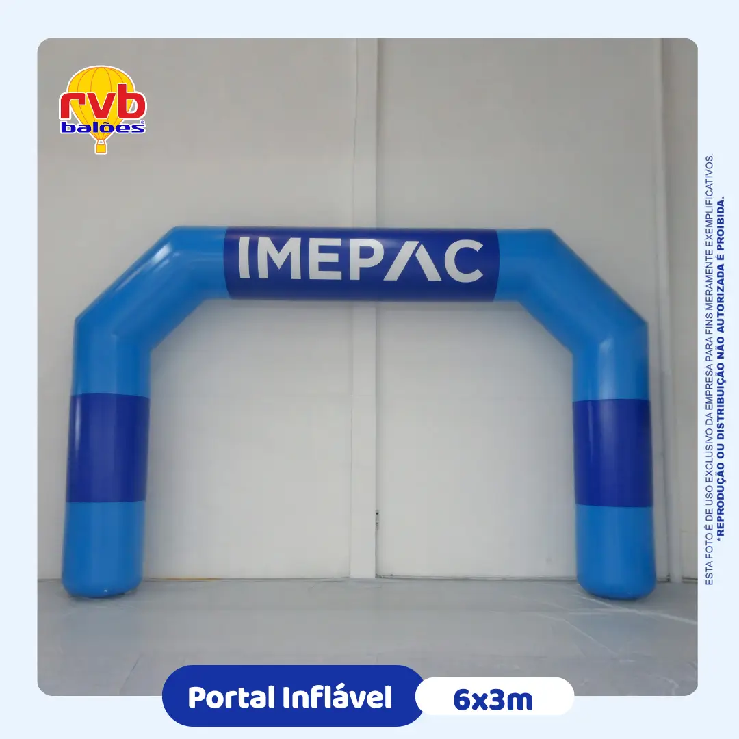Portal inflável personalizado 6x3 do IMEPAC Centro Universitário, ideal para entrada de eventos, recepção de participantes e fortalecimento da identidade visual em ações universitárias.