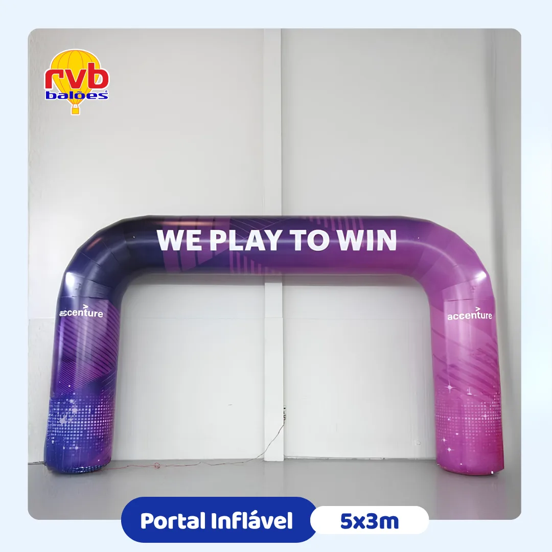 Portal inflável personalizado Accenture We Play To Win 5x3 metros para eventos corporativos.