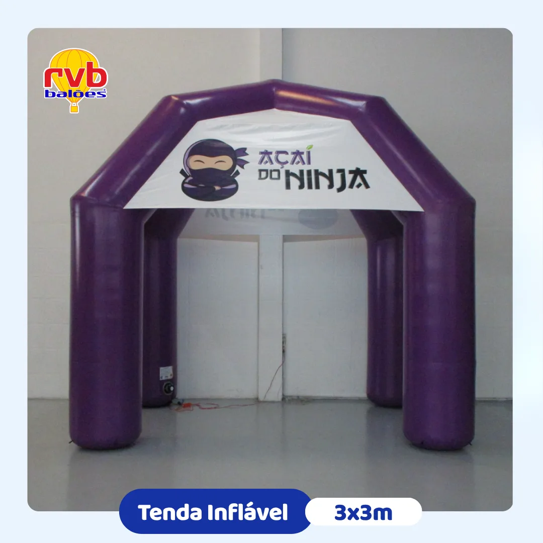 Tenda inflável personalizada de 3x3 metros para ponto de venda de açaí.