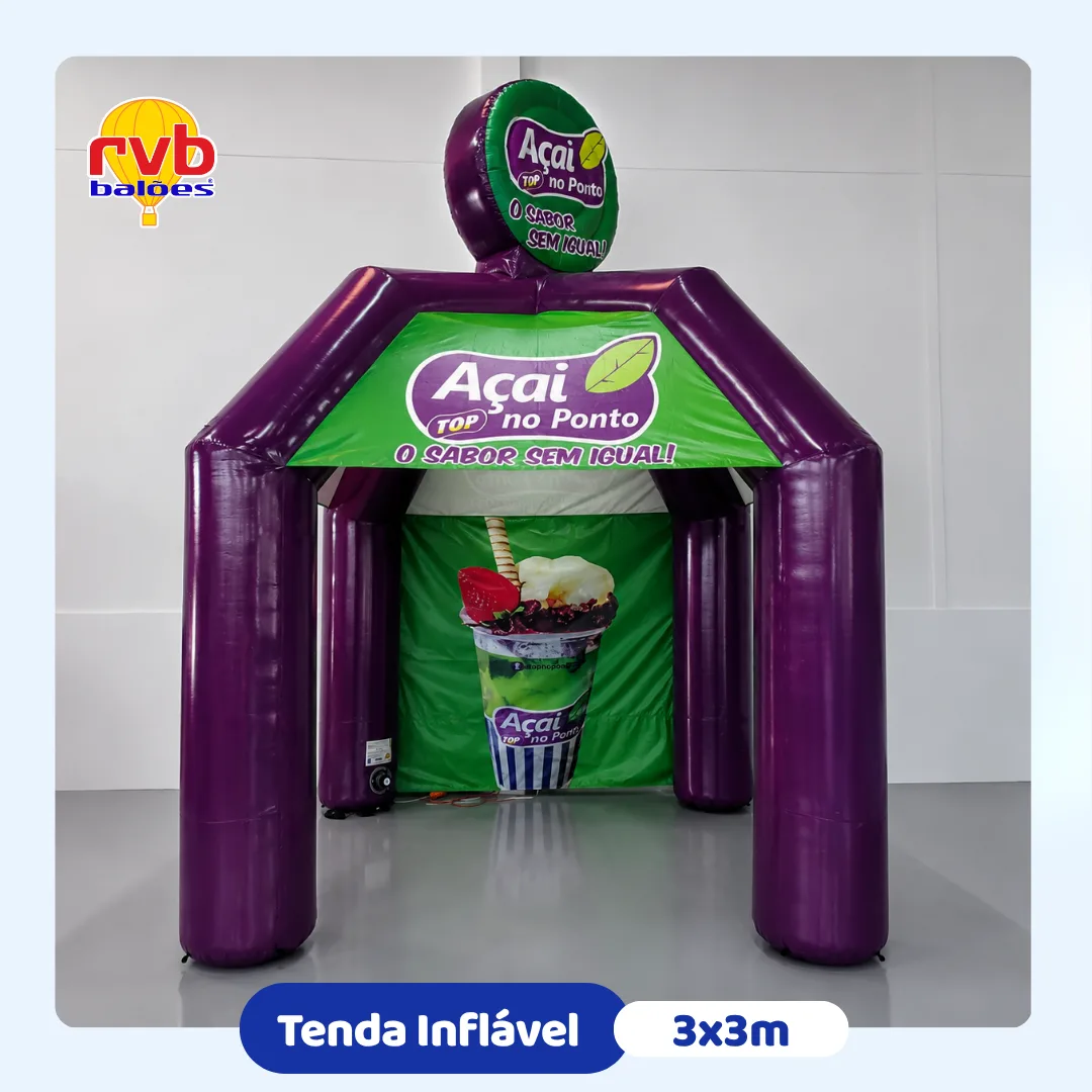 Tenda inflável personalizada com topo inflável para ponto de venda de açaí.