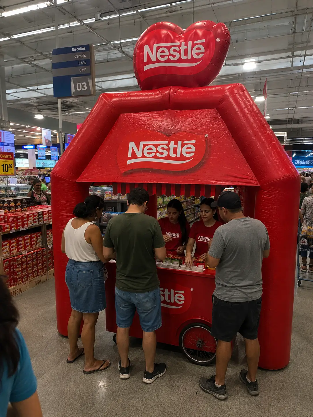 Tenda inflável personalizada da Nestlé utilizada em ação de degustação dentro de supermercado, atraindo consumidores para experimentação de produtos no ponto de venda.