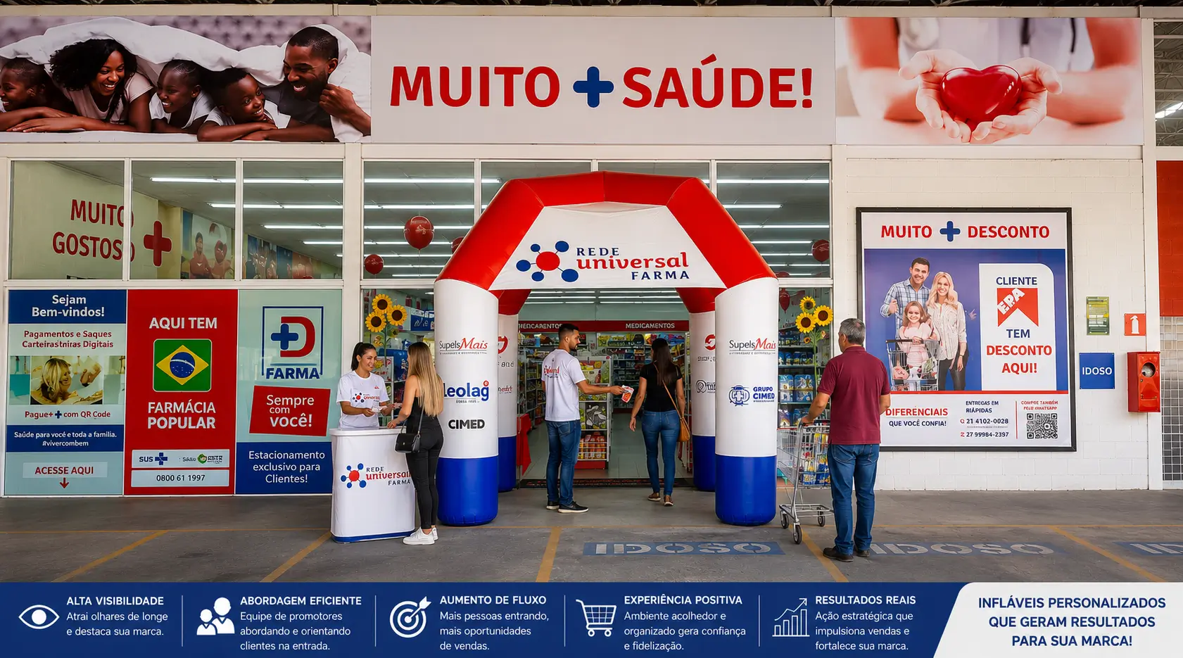 Tenda inflável personalizada instalada na entrada de farmácia para ações promocionais, inaugurações e aumento do fluxo de clientes.
