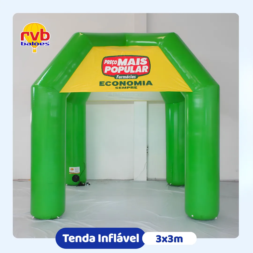 Tenda inflável personalizada da Farmácias Preço Mais Popular utilizada em ação promocional na entrada da farmácia.