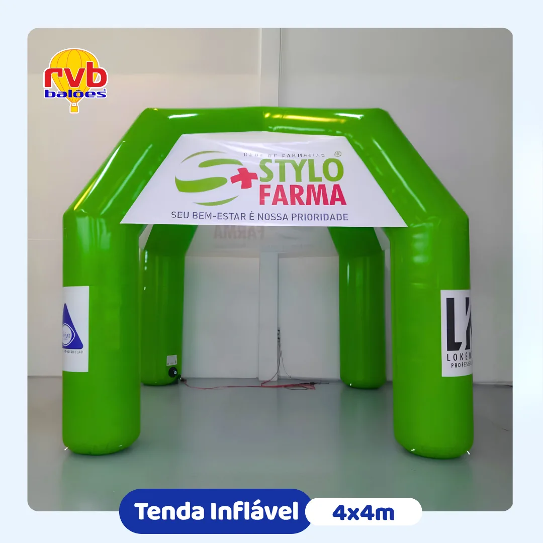 Tenda inflável 4x4 da Stylo Farma personalizada para eventos, inaugurações e ações de trade marketing.