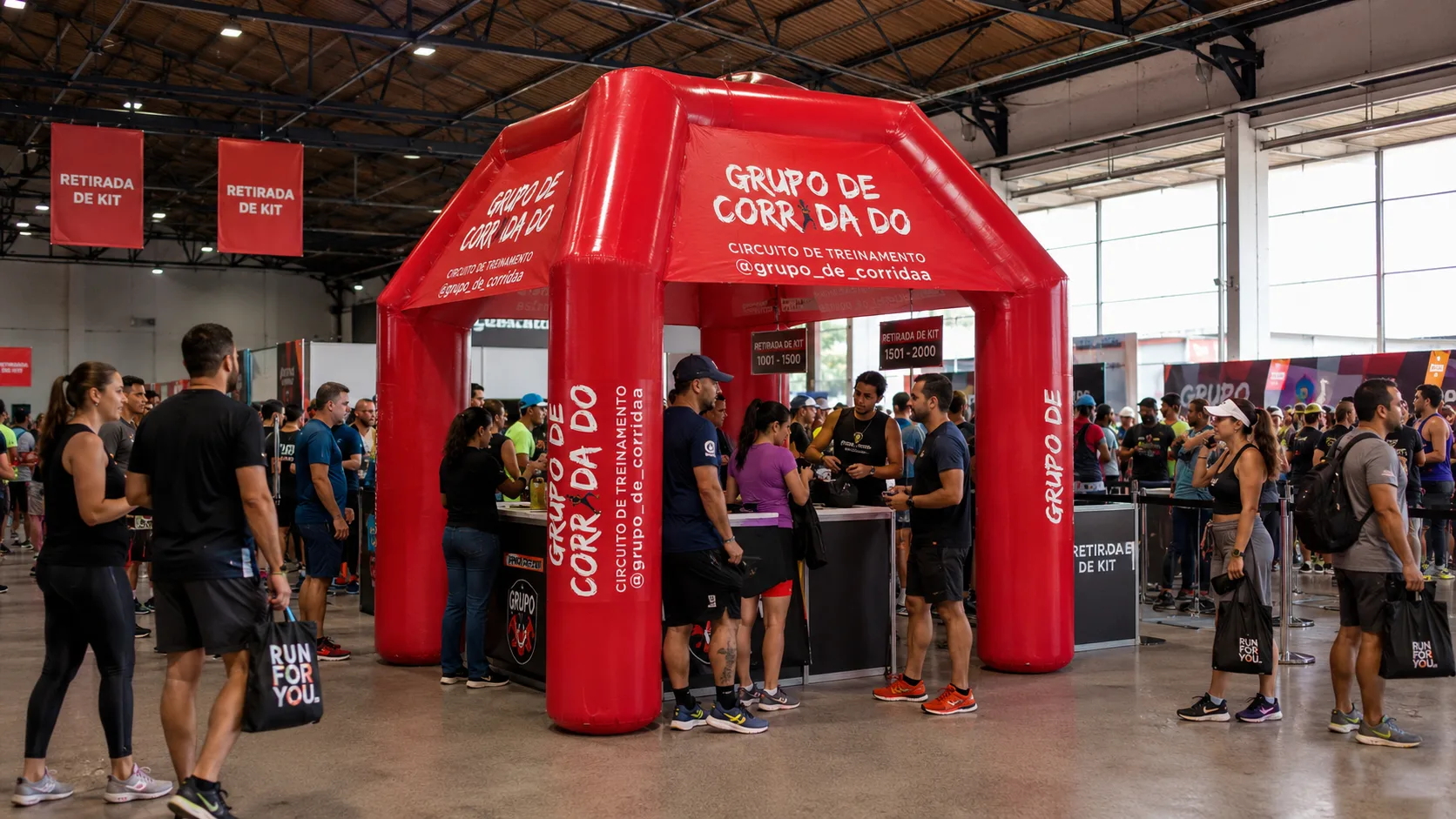 Tenda inflável personalizada utilizada para organizar a retirada de kits de participantes antes de uma corrida de rua, oferecendo identificação e proteção ao público.