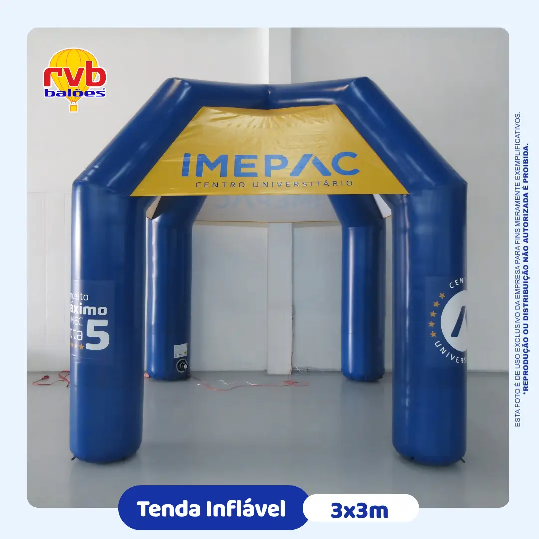 Tenda inflável personalizada 3x3 do IMEPAC Centro Universitário, utilizada em eventos e ações institucionais para reforçar a identidade visual e destacar a marca no ambiente universitário.