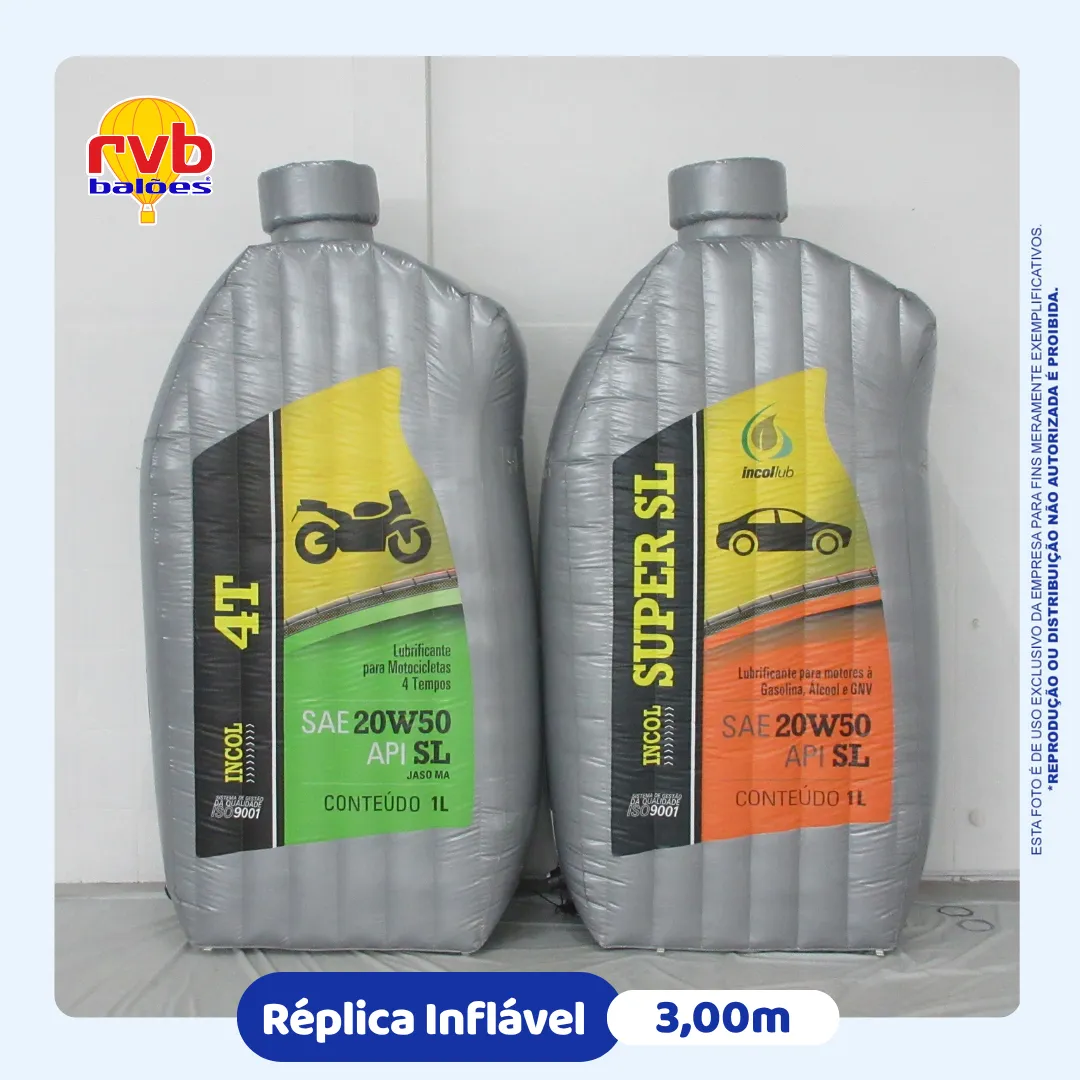 Réplicas infláveis frascos de óleo Incol 3 metros lado a lado