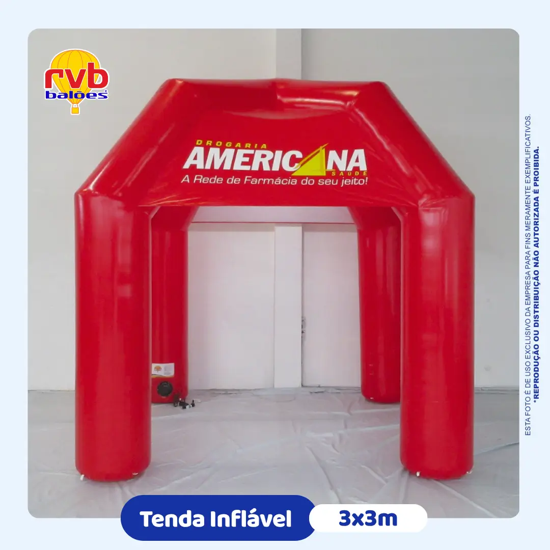 Tenda inflável 3x3 vermelha Drogaria Americana, vista frontal na inauguração