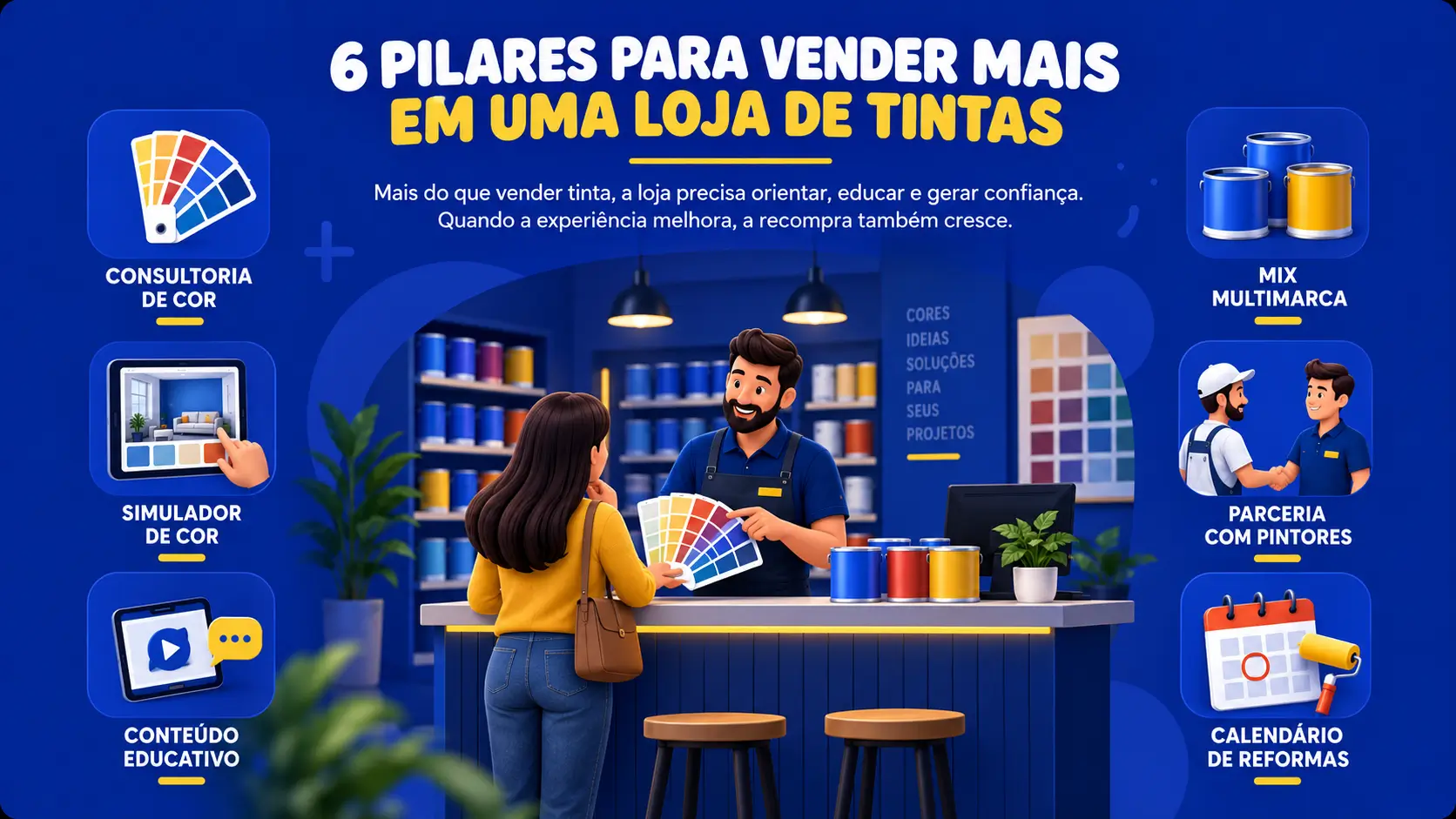 Infográfico com 6 pilares para vender mais em loja de tintas, incluindo consultoria de cor, simulador, conteúdo e parcerias