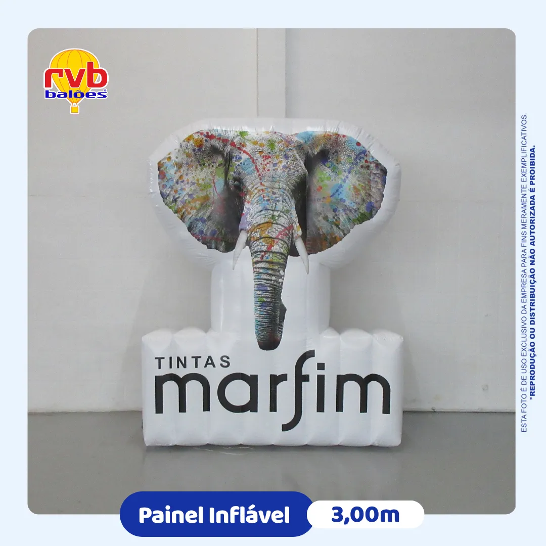 Painel inflável personalizado Tintas Marfim com mascote elefante fabricado pela RVB Balões