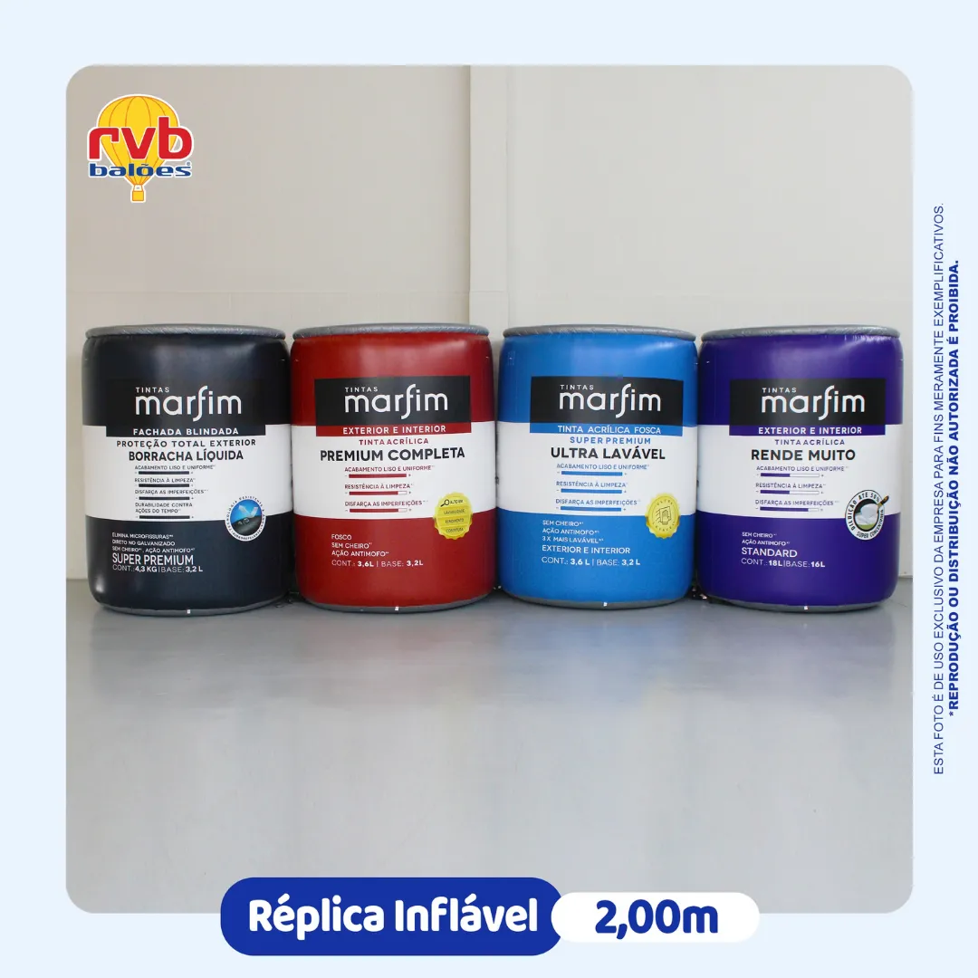 Réplicas infláveis de latas de tinta Marfim fabricadas pela RVB Balões