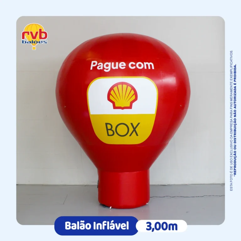 Balão inflável promocional vermelho de 3 metros, personalizado com a mensagem Pague com Shell Box e logotipo da Shell na parte frontal.