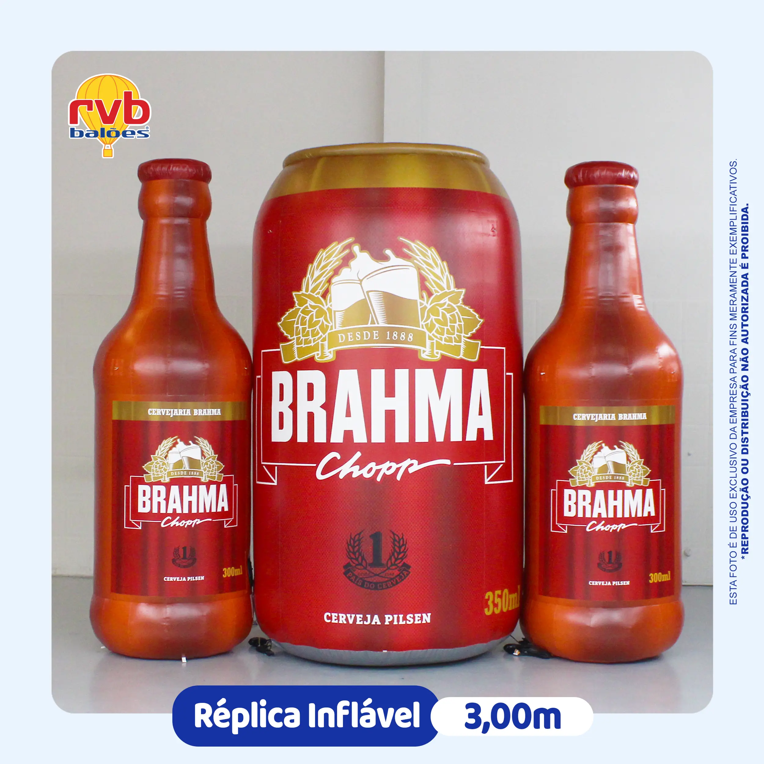 Réplica Inflável de Lata e Garrafas de Cerveja Brahma 3m | RVB Balões Réplica inflável de lata e garrafas de cerveja Brahma de 3 metros, fabricada pela RVB Balões