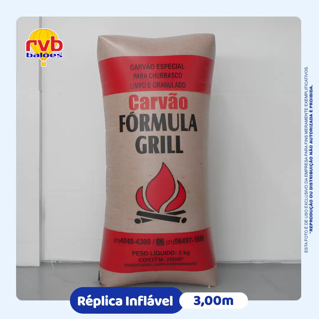 Réplica Inflável de Saco de Carvão Fórmula Grill 3,00m | RVB Balões Réplica inflável de saco de carvão Fórmula Grill 3,00m, vista frontal, fabricada pela RVB Balões